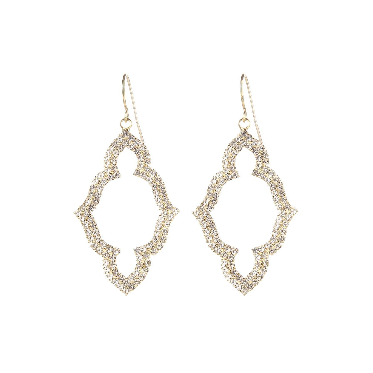 Moroccan Shaped Stunning Pave Crystal Elongated Barbed Quatrefoil Dangle Earrings St. Patrick's Day, 2" (Double Row Gold Tone Clear Crystal)