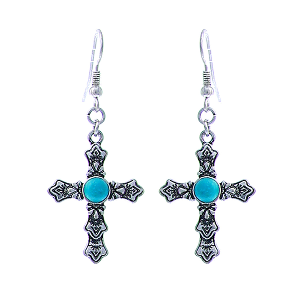 Western Style Turquoise Howlite Decorative Cross Religious Dangle Earrings, 1.75"-2" (Small 1.95")