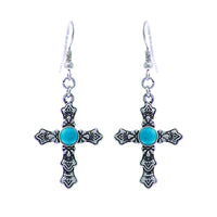 Western Style Turquoise Howlite Decorative Cross Religious Dangle Earrings, 1.75"-2" (Small 1.95")