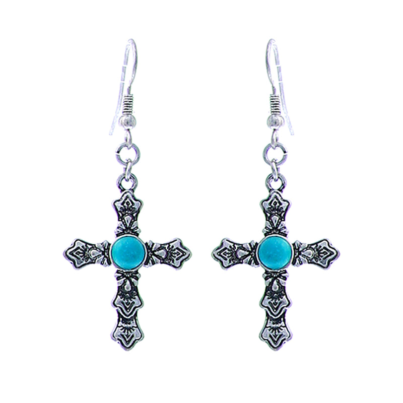 Western Style Turquoise Howlite Decorative Cross Religious Dangle Earrings, 1.75"-2" (Small 1.95")