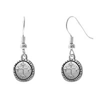 Dainty Cross Coin Disc Dangle Earrings, 1.25" (Silver Tone)