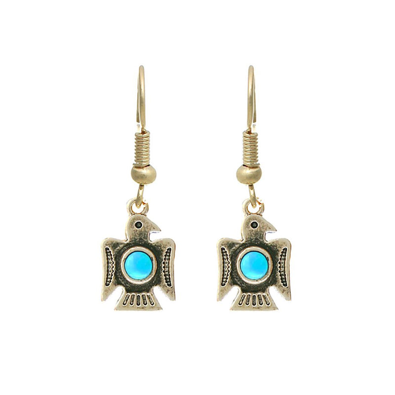 Western Style Aztec Thunderbird Turquoise Howlite Dangle Earrings, 1.25" (Burnished Gold Tone)