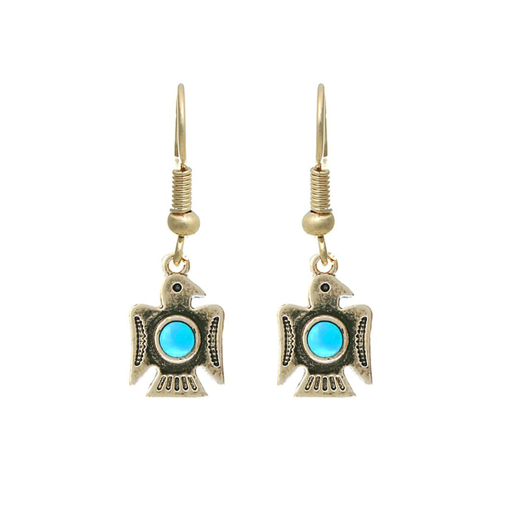 Western Style Aztec Thunderbird Turquoise Howlite Dangle Earrings, 1.25" (Burnished Gold Tone)