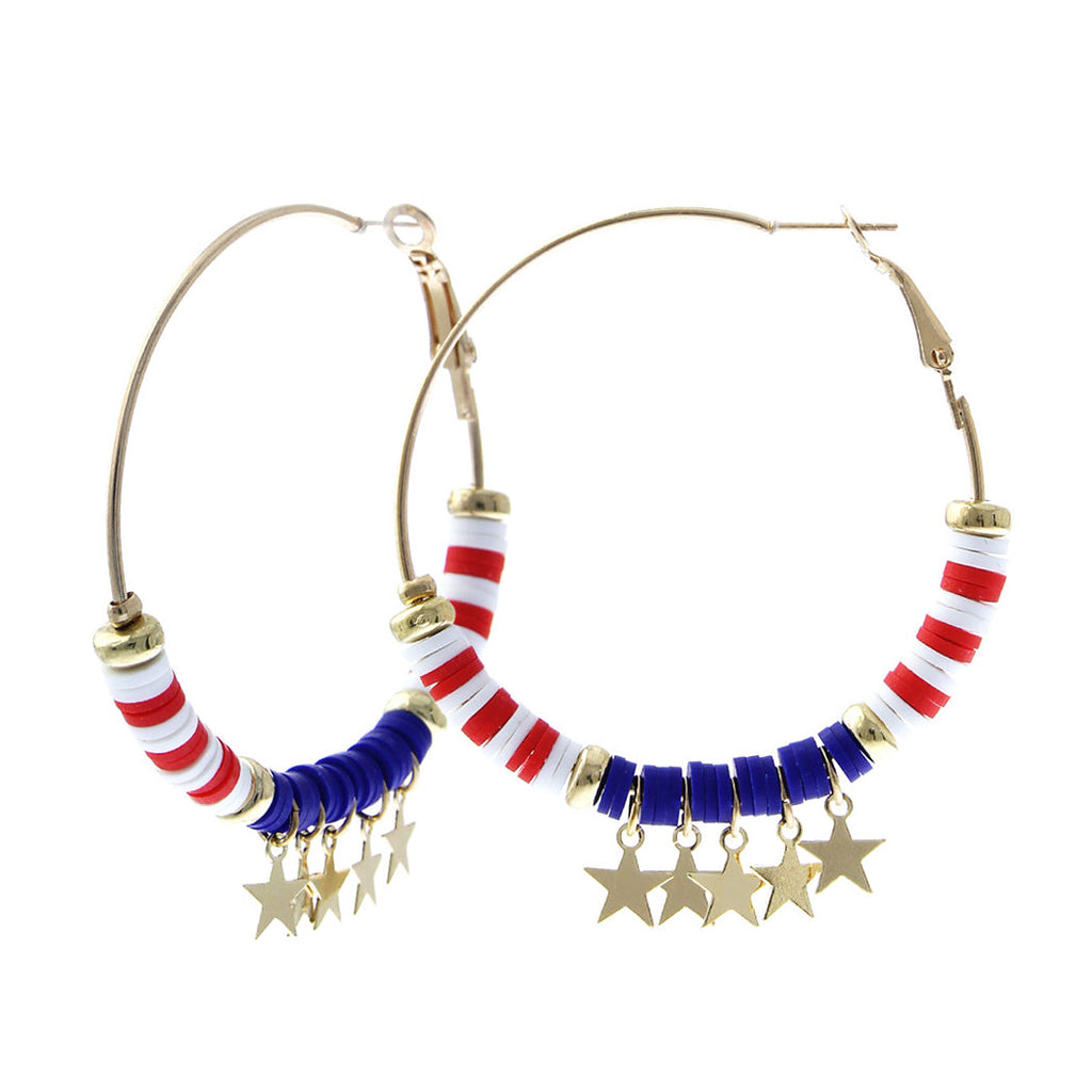 Patriotic USA Gold Star Charms With Red White And Blue Clay Bead On Lever Back Hoop Earrings, 2.5"