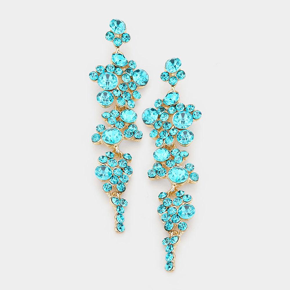 Crystal Rhinestone Bubble Dangle Statement Earrings 3.25 Inches (Light Aqua Blue Gold Tone)