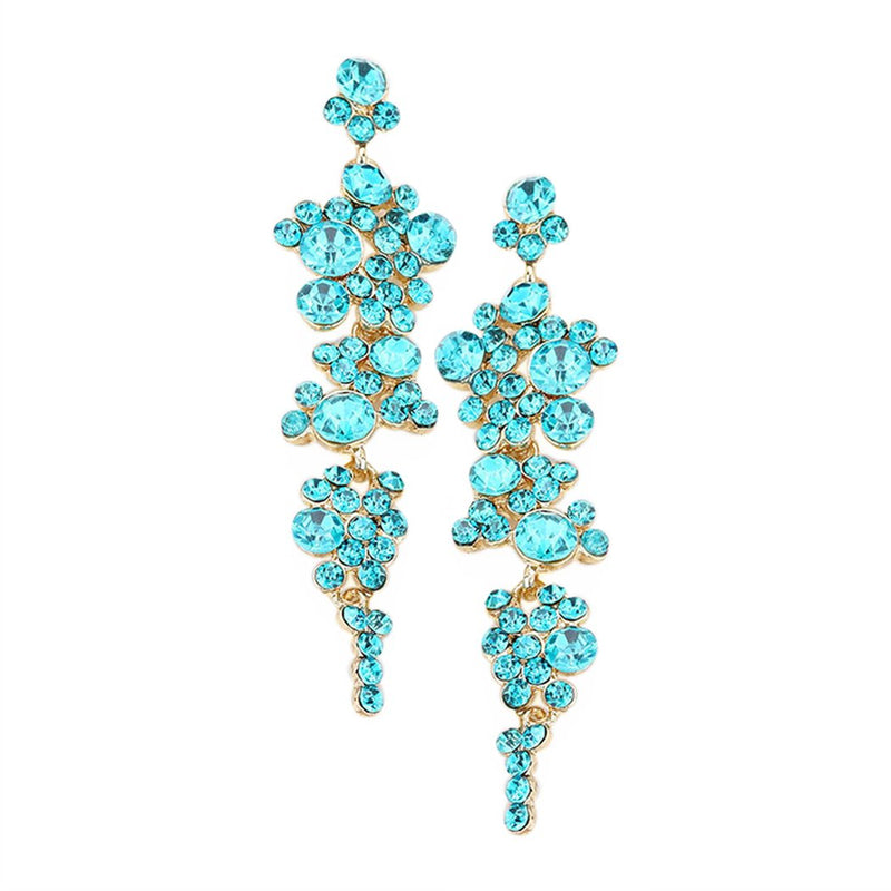 Crystal Rhinestone Bubble Dangle Statement Earrings 3.25 Inches (Light Aqua Blue Gold Tone)