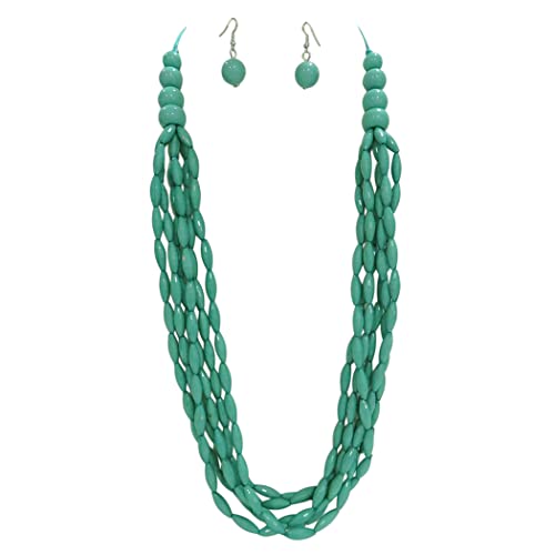 Chic Multi Strand Beaded Necklace And Earrings Jewelry Set, 30"+2" Extender (Turquoise Blue)