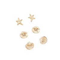 Beach Stud Earrings Set of 3 "Starfish Sand Dollar Shell" (Gold Tone)