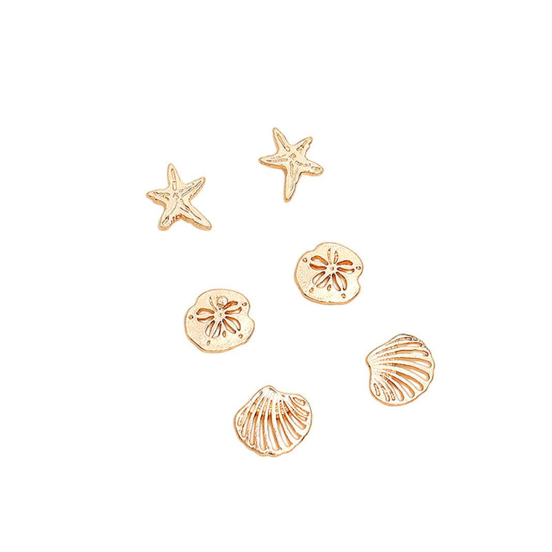 Beach Stud Earrings Set of 3 "Starfish Sand Dollar Shell" (Gold Tone)