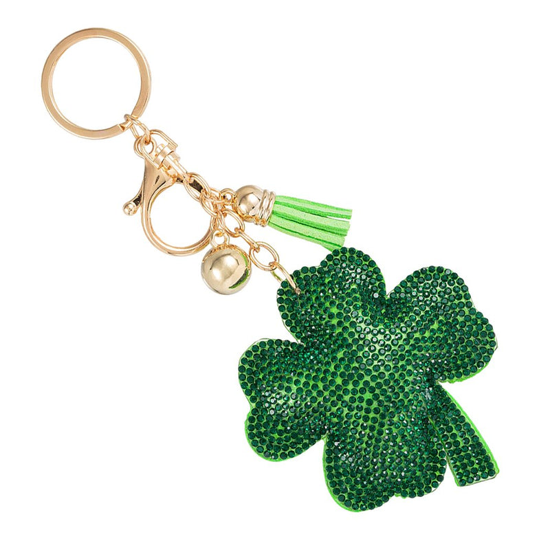 Whimsical Crystal Covered Plush Sparkling Key Ring with Tassel Keychain Car Fob Handbag Charm (4 Leaf Clover)