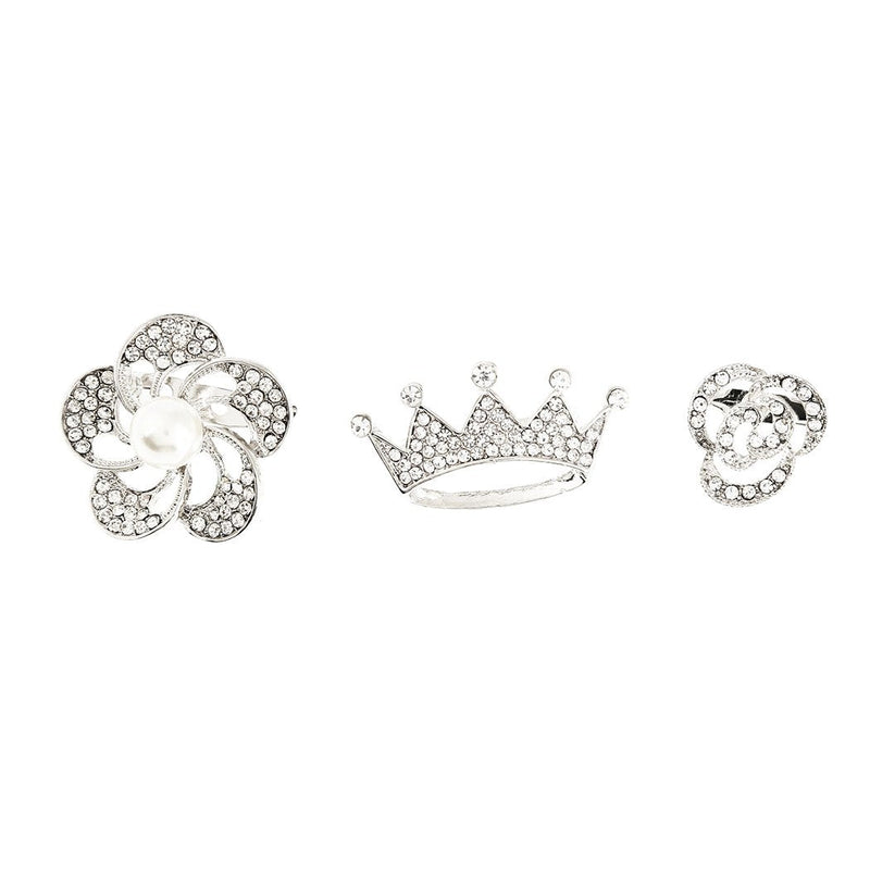 Stunning Set of 3 Flower Brooches With Simulated Pearls (Crown And Flowers Silver Tone)