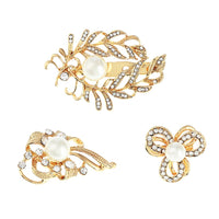 Stunning Set of 3 Golden Leaf Simulated Pearl Rhinestone Flower Pin Brooches