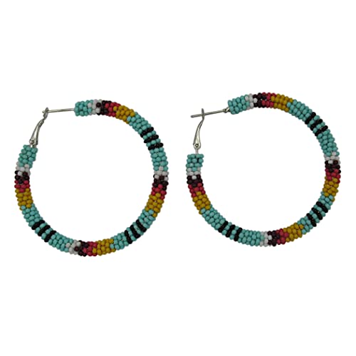 Colorful Western Inspired Seed Bead Lever Hoop Earrings, 2.25" (Turquoise Background)