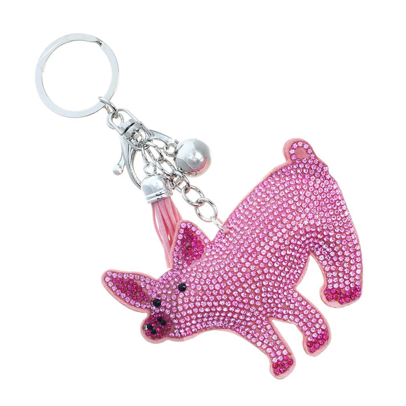 Whimsical Crystal Covered Plush Sparkling Key Ring with Tassel Keychain Car Fob Handbag Charm (Pink Pig)