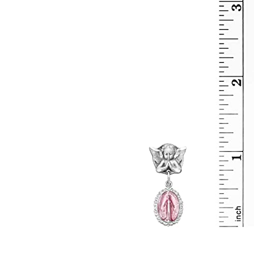 Rosemarie's Religious Gifts Sterling Silver Petite Angel Pin with Enameled Oval Miraculous Medal of Mary (Pink)