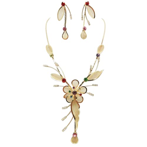Stunning Metal Mesh Floral Statement Dangling Necklace Earring Set, 16"+3" Extender (Gold Tone Multicolor Crystals)