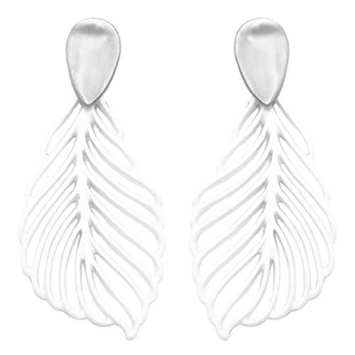 Rosemarie Collections Women's Enamel Coated Metal Palm Leaf Door Knocker Style Clip On Statement Earrings, 2.5" (White Leaf Silver Tone Top)