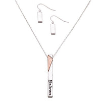 Women's 2-Tone Vertical Bar Inspirational Be Brave Pendant Necklace and Earring Jewelry Set, 17" with 3" Extender