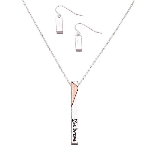 Women's 2-Tone Vertical Bar Inspirational Be Brave Pendant Necklace and Earring Jewelry Set, 17" with 3" Extender