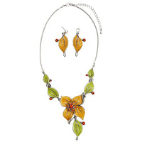 Whimsical Glitter Enamel Coated 3D Metal Flowers With Crystals Polished Silver Tone Necklace And Earrings Gift Set, 15"+3" Extension (Sunshine Yellow With Orange Crystals)