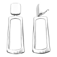 Stunning Metal Rectangular Geometric Open Hoop Statement Clip On Earring, 3.75" (Polished Silver Tone)