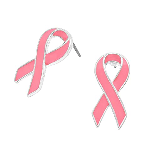 Breast Cancer Awareness Beautiful Pink Ribbon Enamel Stud Earrings.75" (Enamel Pink Ribbon Silver Tone)