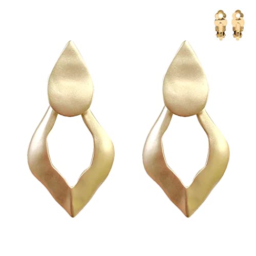 Statement Matte Gold Tone Wavy Metal Dangling Geometric Shapes Clip On Style Earrings, 2.25"