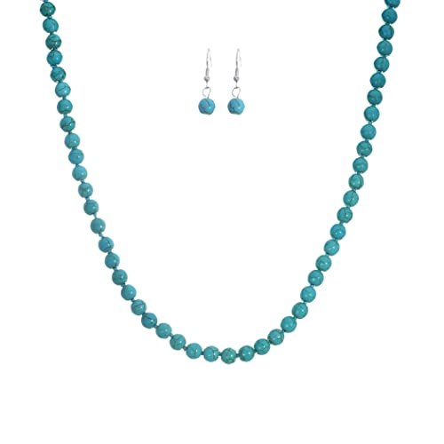Beautiful Western Inspired Turquoise Howlite 8mm Knotted Bead Necklace Strand Dangle Earrings Gift Set (18"+3" Extender, Turquoise Howlite)