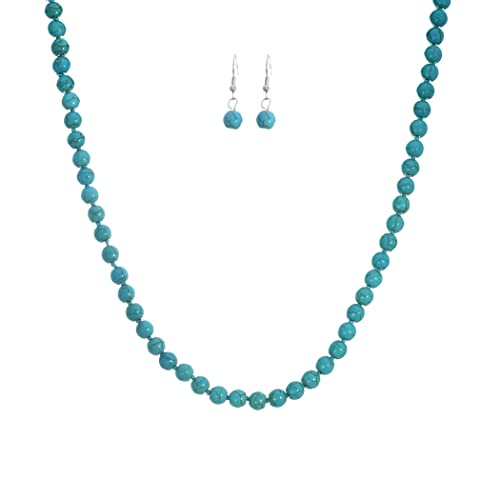 Beautiful Western Inspired Turquoise Howlite 8mm Knotted Bead Necklace Strand Dangle Earrings Gift Set (24"+3" Extender, Turquoise Howlite)