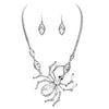 Chic And Unique Statement Size Polished Metal Crystal Spider Necklace Earrings Set, 16"+3" Extender (Silver Tone)