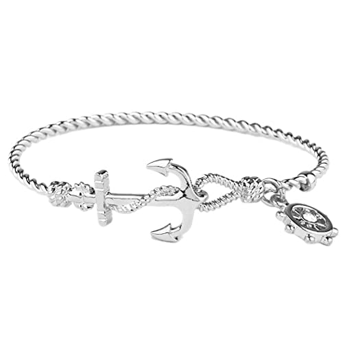 Rosemarie Collections Women's Stunning Nautical Anchor Thin Hook Twisted Metal Bangle Bracelet, 6.5" (Silver Tone)
