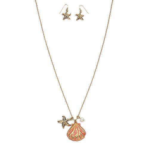Women's Starfish and Sea Shell "Beach Babe"Necklace and Earring Gold Tone and Coral Color Fashion Jewelry Set , 30" with 3" Extender
