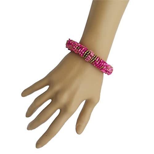Bohemian Chic Pink Seed Bead And Howlite Stone Flexible Wire Coil Stretch Bracelet, 6.5"