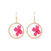 Vintage Style Resin With Pressed Red Flowers And Glitter Confetti Dangle Gold Tone Earrings, 1.87"
