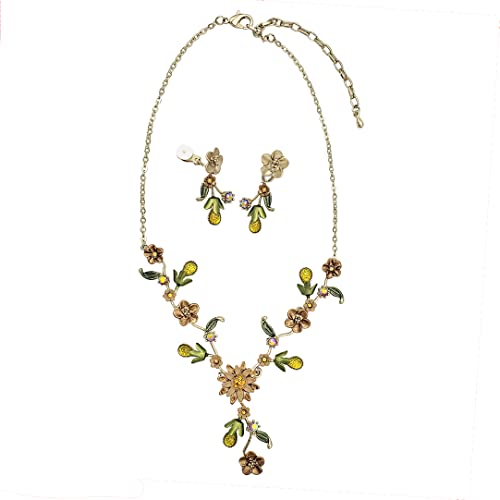 Stunning Gold Tone 3D Metal Flowers With Colorful Resin And Crystal Vine Necklace And Clip On Earrings Gift Set, 16"+3" Extension