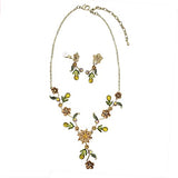 Stunning Gold Tone 3D Metal Flowers With Colorful Resin And Crystal Vine Necklace And Clip On Earrings Gift Set, 16