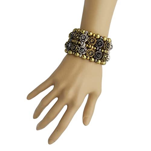 Vintage Chic 3D Metal Rose And Ball Bead Multitone Metal Chunk Statement Stretch Bracelet, 6.5"