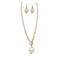 Statement Simulated Pearl Pendant On Textured Gold Tone Chunky Paperclip Link Toggle Clasp Necklace And Earrings Gift Set, 31"