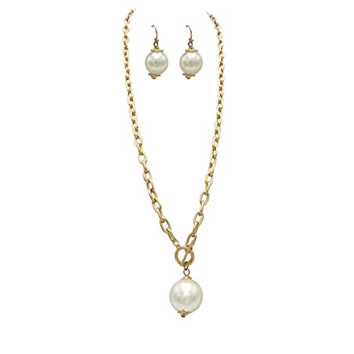 Statement Simulated Pearl Pendant On Textured Gold Tone Chunky Paperclip Link Toggle Clasp Necklace And Earrings Gift Set, 31"