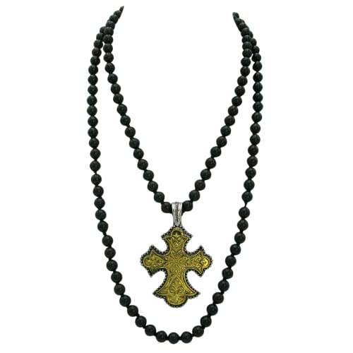 Rosemarie's Religious Gifts Women's Statement Two Tone Tone Metal Christian Cross Magnetic Pendant On Knotted 8mm Black Natural Howlite Bead Strand Necklace Earrings Gift Set, 48"