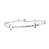 Rosemarie's Religious Gifts First Communion Simulated Pearl With Crystal Rhinestone Christian Cross Detail On Petite Flexible Wire Wrap Cuff Bracelet, 2.25"