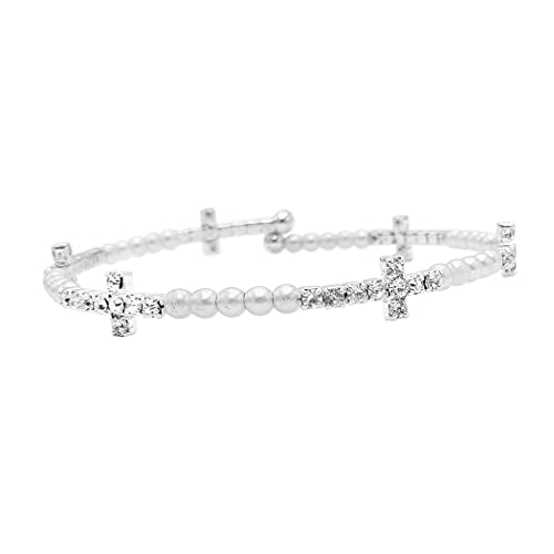 Rosemarie's Religious Gifts First Communion Simulated Pearl With Crystal Rhinestone Christian Cross Detail On Petite Flexible Wire Wrap Cuff Bracelet, 2.25"