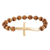 Stunning Wooden Bead And Worn Gold Tone Sideways Christian Cross Stretch Bracelet, 6.75"