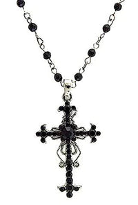 Stunning Vintage Vibes Crystal Rhinestone Christian Cross Pendant Necklace Earrings Set, 18"+3" Extender (Jet Black Crystal Hematite Tone)