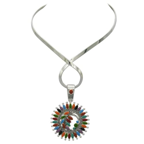 Rosemarie & Jubalee Women's Chic Polished Silver Tone Medallion With Colorful Enamel Magnetic Pendant On Swirl Necklace Choker Ring, 14"