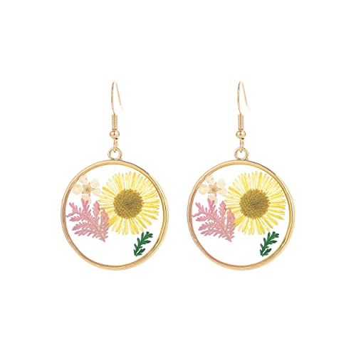 Vintage Style Resin with Pressed Flowers Dangle Gold Tone Earrings, 2 (Yellow White Flower Green Pink Leaf)