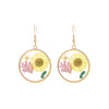 Vintage Style Resin With Pressed Flowers Dangle Gold Tone Earrings, 2" (Yellow White Flower Green Pink Leaf)