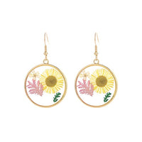 Vintage Style Resin With Pressed Flowers Dangle Gold Tone Earrings, 2" (Yellow White Flower Green Pink Leaf)