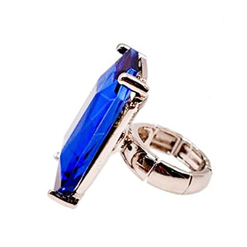 Stunning Emerald Cut Glass Crystal Statement Stretch Band Cocktail Ring,1.5" (Royal Blue Crystal Silver Tone)