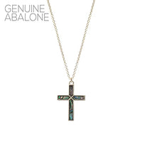 Stunning Abalone Shell Religious Cross Pendant Necklace, 18"+3" Extender (Gold Tone)